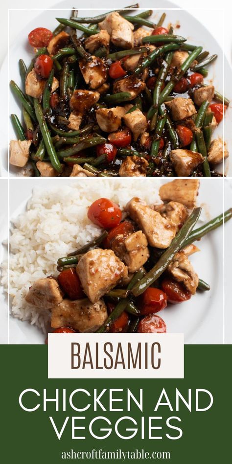 One pot balsamic chicken and veggies. Balsamic Chicken And Peppers, Balanced Chicken Dinner, Balsamic Chicken And Veggies, Chicken Green Beans Tomatoes, Balsamic Sheet Pan Chicken And Veggies, Mushroom Tomato Recipe, Chicken And Vegetable Recipes, Balsamic Chicken And Zucchini, Balsamic Chicken And Asparagus