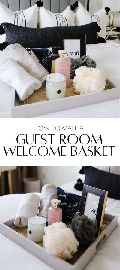 There's nothing that will make your guests feel more special than a cute guest room basket waiting for them on their bed! Guest Room Basket, Tray On Bed, Guest Room Baskets, Guest Welcome Baskets, Guest Basket, Guess Room, Room Basket, Guest Room Essentials, Cozy Guest Rooms