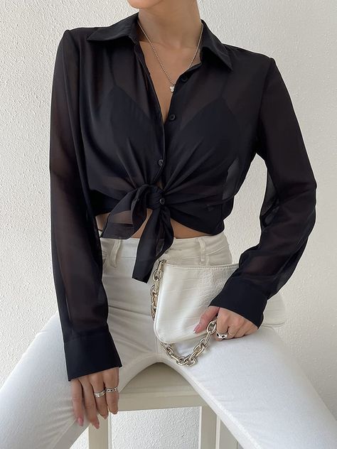 Sheer clothes are in this summer and I love it 'cause it looks good with literally anything. 
#ad 
This blouse ranges from size XS-L. It's made with 100% Polyester, has a button closure and no stretch. 
Features: Lapel Collar, Long Sleeve, Button Down Closure, See Through Mesh Top. Button Up Outfit, Mesh Button Up, Sheer Clothing, Sheer Shirt, Collar Blouse, Button Front Shirt, Sheer Blouse, Button Shirt, Black Border