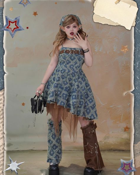 🤎Plus size friendly lucky stars punk rock basque waist denim dress. 🥳Matching with leg warmers, distressed holes cardigan and skirt. 👉Search' BC-HC-643' on devilinspired.com #devilinspired #kawaii #kawaiiaesthetic #kawaiidress #kawaiifashion Basque Waist, Kawaii Dress, Kawaii Aesthetic, Lucky Star, Kawaii Fashion, Leg Warmers, Punk Rock, Denim Dress, Plus Size