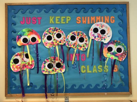 Summer jellyfish bulletin board Jellyfish Bulletin Board, Art Bulletin Boards, Jellyfish Craft, Preschool Bulletin, Swimming Classes, Preschool Bulletin Boards, Vbs 2024, Jellyfish Art, Classroom Door