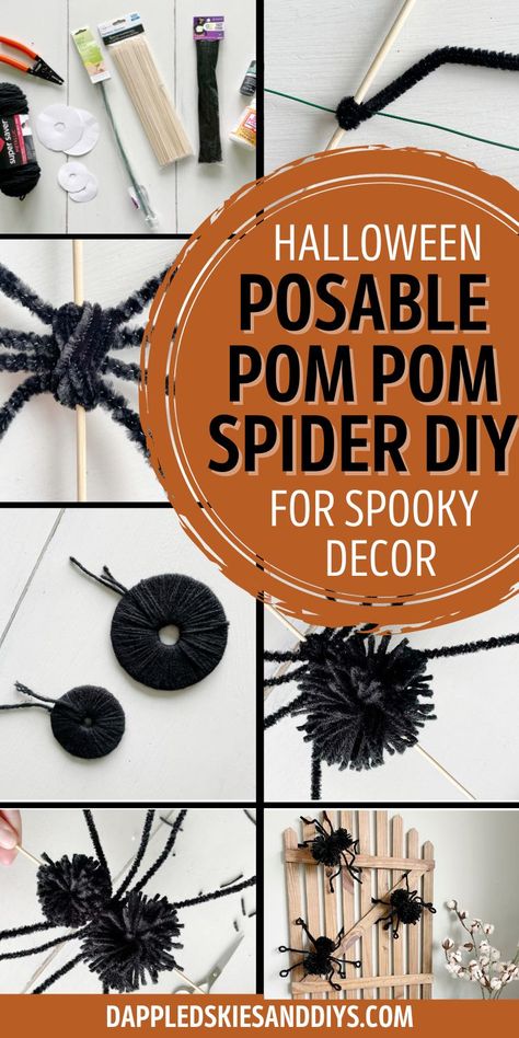 Pom pom spiders made from black yarn and pipe cleaners. Diy Spider Decoration, Spider Art Preschool, Diy Spider Decorations, Spiders Aesthetic, Pom Pom Spider, Scary Halloween Decorations Outdoor Diy, Spider Halloween Decorations, Spider For Halloween, Pom Pom Spiders