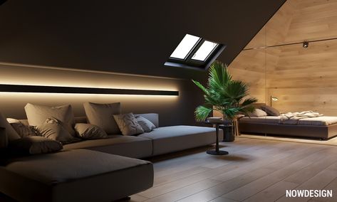 Go Black or White In These Two Sloped Ceiling Apartments Mansard Apartment Ideas, Attic Lighting Ideas, Attic Decor, Attic Renovation Ideas, Attic Lighting, Finished Attic, Attic Playroom, Attic Flooring, Small Attic