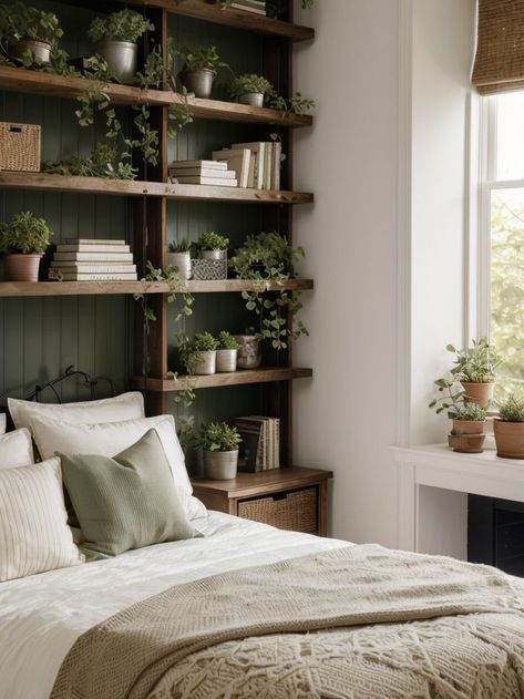 Hanging Shelves Over Bed, Floating Shelves Green Wall, Naturalistic Bedroom Ideas, Bookcase Floating Shelves, Green Wood Bedroom Aesthetic, Cozy Book Aesthetic Bedroom, Botanical House Decor, Tall Bookshelves In Bedroom, Bedroom Bookshelf Decor Ideas