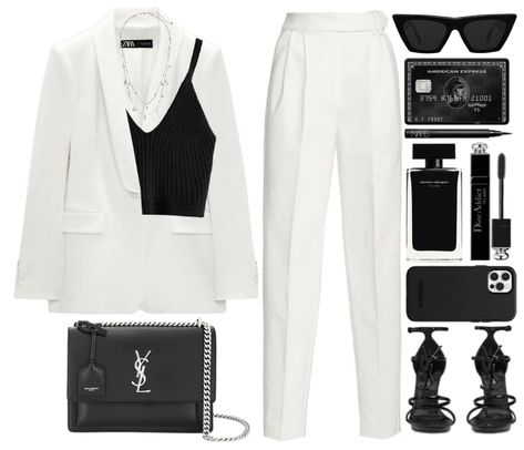 Accessories For Black And White Outfit, Black And White Outfit Aesthetic Classy, Black And White Party Theme Outfit, Black And White Performance Outfit, Formal Black And White Outfits Classy, White Semi Formal Outfit, Black And White Ootd, White Corset Black Pants, White And Black Outfits