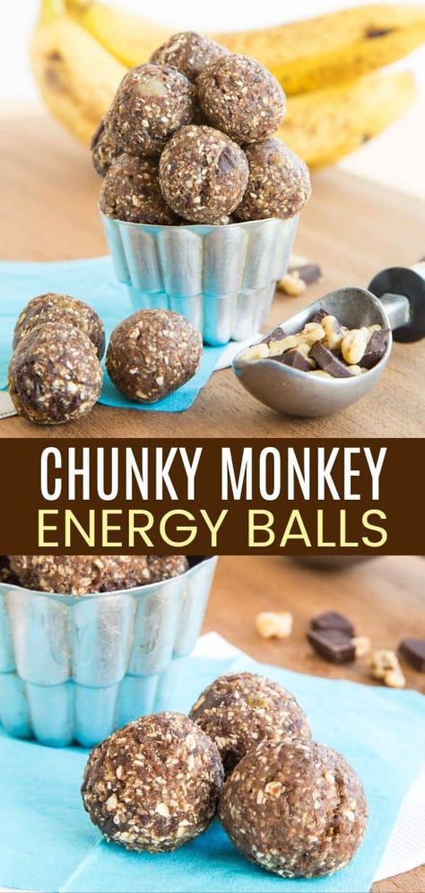 Chunky Monkey Energy Balls - just like your favorite ice cream flavor, these easy snack bites have the flavors of banana and vanilla, plus they are loaded with dark chocolate chunks and walnuts. But they are healthy and loaded with superfoods. You can even make this recipe gluten free and vegan! Monkey Balls Recipe, Banana Energy, Healthy Snack Recipe, Healthy Treats Recipes, Ice Cream Flavor, Recipe Gluten Free, Snack Bites, Chunky Monkey, Lunch Box Snacks