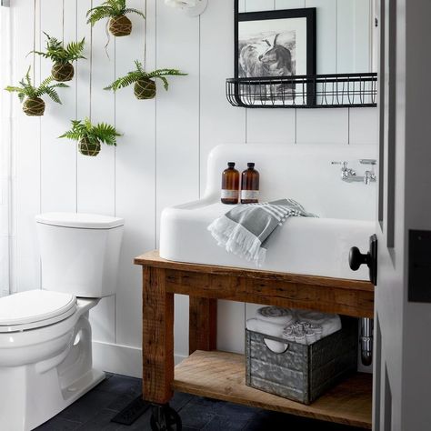 @kristinacrestindesign on Instagram: “I admit to having always wanted to use a kitchen drainboard sink as a bathroom sink. So this bathroom design fed my design soul! We…” Kristina Crestin, Grey Bathroom Floor, Vintage Farmhouse Bathroom, Cottage Style Bathrooms, Farmhouse Bathroom Sink, Farmhouse Fixer, Vintage Sink, Drainboard Sink, Cottage Bathroom