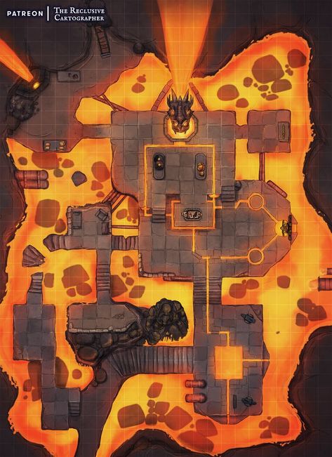 Multi-platform stonework smithy DnD battlemap surrounded by lava Dungeons And Dragons Races, Fantasy City Map, Dnd World Map, George Mason, Fantasy World Map, Dungeons And Dragons Classes, Tabletop Rpg Maps, Rpg Map, Dnd Monsters