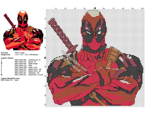 Deadpool free cross stitch pattern with back stitch Deadpool Cross Stitch, Avengers Cross Stitch Pattern, Deadpool Crochet Blanket Free Pattern, Deadpool Cross Stitch Pattern, Superhero Cross Stitch Patterns, Captain America Cross Stitch Pattern, Marvel Cross Stitch, Geek Cross Stitch, Modele Pixel Art