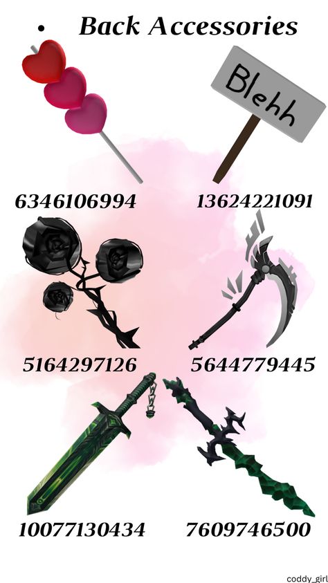 Roblox Back Accessories Codes, Emo Outfit Ideas, Brookhaven Codes, Emo Accessories, Back Accessories, Code Roblox, 3d Pixel, Coding Shirts, Emo Roblox Avatar