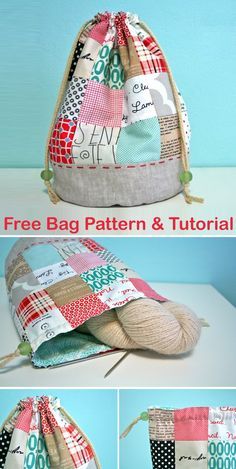 Drawstring Bag Tutorial, Drawstring Bag Diy, Drawstring Bag Tutorials, Drawstring Bag Pattern, Small Knitting Projects, Patchwork Diy, Patchwork Tutorial, Bag Sewing Pattern, Sac Diy