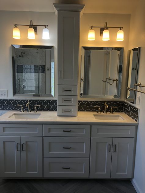 Master Bath With Tower Cabinets, 72 Inch Bathroom Vanity With Tower, Double Vanity Bathroom Ideas With Center Tower, Bathroom Cabinet Styles, 72 Inch Bathroom Vanity Double Sinks With Center Tower, Bathroom Cabinet On Top Of Counter, Master Bath Vanity With Center Tower, Vanity With Middle Tower, Bathroom Counter Remodel