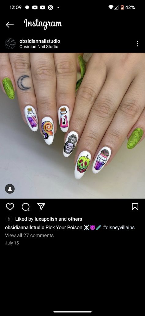 Villains Disney poison character Poison Nail Art, Villain Nails Disney, Dr Facilier Nails, Disney Villian Nail Art, Emperors New Groove Nails, Disney Villains Nail Designs, Hades Nails Disney, Disney Villain Nail Art, Muppet Nails