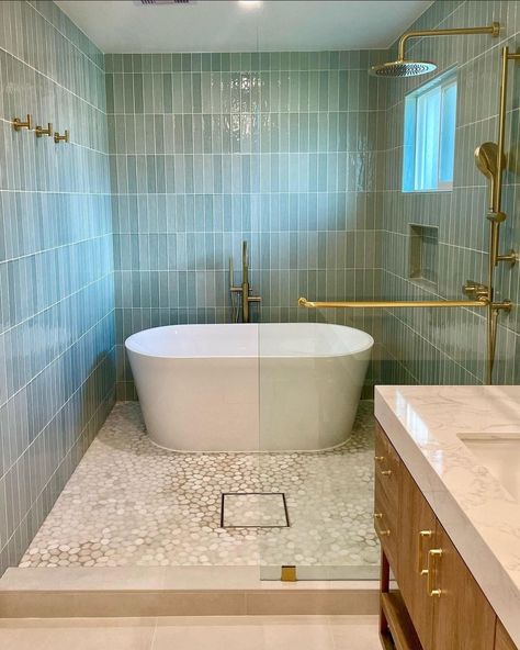 Bathroom With Turquoise Tile, Marin Aloe Green Tile, Aloe Green Tile Bathroom, Blue Wet Room, Blue And Green Tile Bathroom, Bedrosians Marin Tile, Green Tile Bathtub Surround, Blue Tile Design, Teal Shower Tile Bathroom