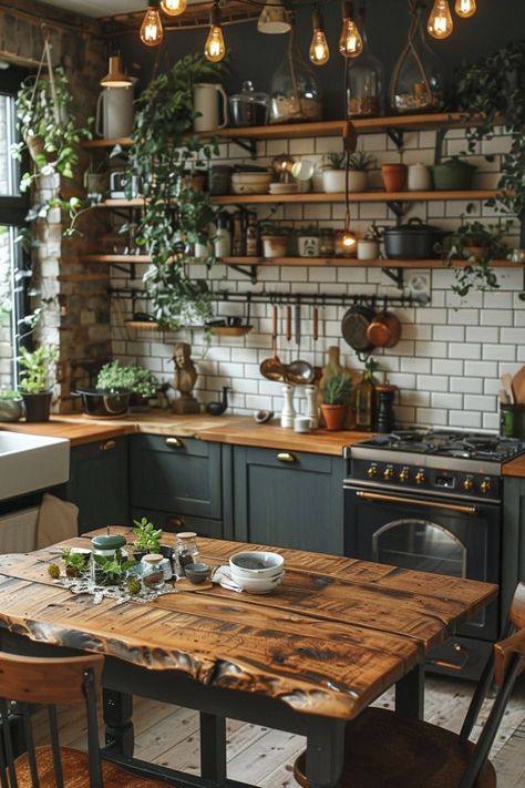 Kitchen Shelves With Plants, Ghibli Inspired Kitchen, Dark Academia Interior Design Kitchen, Earthy Home Aesthetic Kitchen, Windowless Kitchen Ideas, Moody Kitchen Decor, Cosy Kitchen Ideas, Dark Academia Kitchen Aesthetic, Witchy Kitchen Ideas