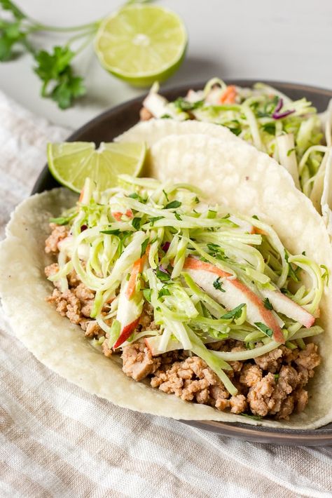 Ground Pork Tacos (Paleo, Gluten Free) Whole30 Tacos, Healthy Coleslaw Dressing, Whole30 Ground Beef Recipes, Tacos Gluten Free, Ground Pork Tacos, Whole30 Easy, Healthy Coleslaw, Paleo Pork, Ground Pork Recipes