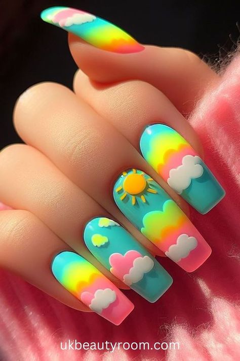 Bright nails are colorful and eye-catching, perfect for adding a pop of excitement to any look.  They are also a great choice for summer!  This post contains 39 ideas for bright nails, including: simple, cute, inspo, classy, elegant, fun, funky, edgy, neon, ideas, art, summer, designs, acrylic, short, for spring, almond. Cool Nail Colors For Summer, Cute June Nails, Kid Summer Nails, Fun Neon Nails, June Nails Ideas 2024, Pride Nail Art, Summer Nail Tutorials, Easy Summer Nail Art, Neon Ideas