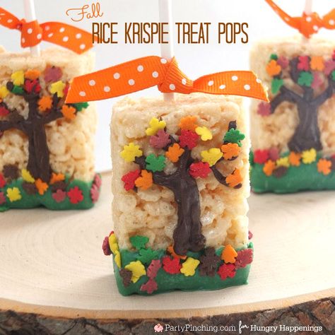 When the leaves start falling outside, head inside to make a batch of these festive Fall Tree Rice Krispie Treats.You'll have an entire forest created before you know it. Fall treats, kids snacks, fall desserts, autumn leaf sprinkles. Tree Rice Krispie Treats, Treats For Thanksgiving, Rice Krispie Treat Pops, Thanksgiving Desserts Kids, Fun Thanksgiving Desserts, Pumpkin Carving Party, Halloween Treats For Kids, Cereal Treats, Krispies Treats