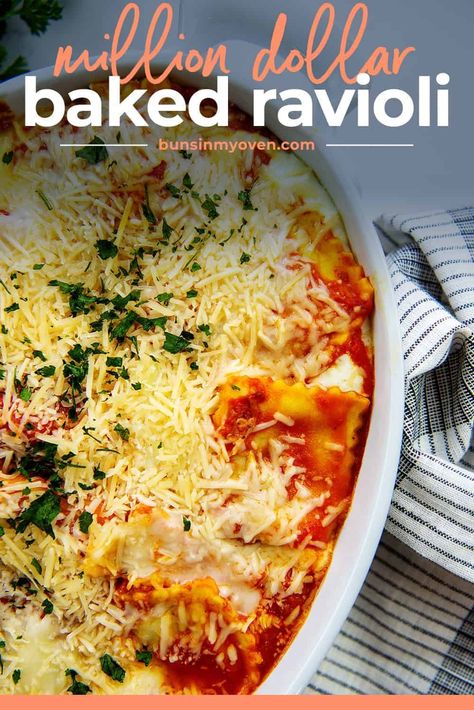 This BAKED RAVIOLI is worth a million bucks thanks to that center layer of gooey, melty cheese! This is the ultimate baked ravioli recipe! Beef Ravioli Bake, Ravioli Meals, Beef Ravioli Recipe, Million Dollar Ravioli, Baked Ravioli Casserole, Beef Ravioli, Baked Ravioli Recipe, Ravioli Recipes, Ravioli Casserole