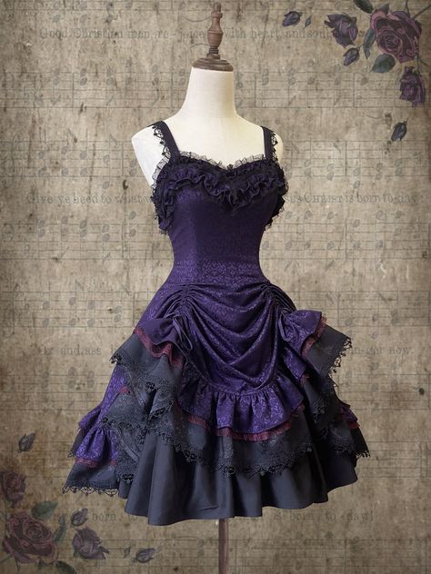 A lace-up jumper skirt and lace-up dress with flowers drawn in real purple. An elegant and gorgeous item richly decorated with lace embroidery and frills. Gothic blouse looks great as well. She is a beautiful and mysterious young lady.       Item     Jumper skirt   One Piece       Size       XS size     Length (front): 90cm   Length (back): 97cm   Shoulder width: 42cm   Bust: 84cm   Waist: 72cm     S size     Length (front): 90cm   Length (back): 97cm   Shoulder width: 43cm   Bust: 88cm   Waist: Gothic Dress Short, Victorian Dress Gown, Flowers Drawn, Gothic Blouse, Purple And Black Dress, Purple Gothic, Purple Night, Dark Dress, Royal Dresses