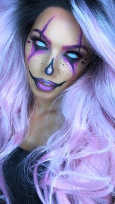 Clown Makeup Purple, Evil Makeup Looks, Purple Clown Makeup, Crazy Clown Makeup, Neon Clown Makeup, Horror Clown Makeup, Killer Clown Makeup, Evil Clown Makeup, Crazy Halloween Makeup