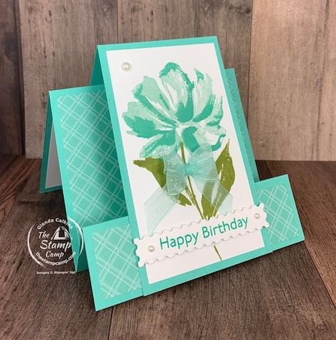 Fun Fold Cards are so much fun to create and I couldn't resist using the Art Gallery Bundle from the 20% off Savings in Bloom Stampin' Up! Promotion. This is a faux center step stair card. #thestampcamp #stampinup #artgallery Center Step Cards, Side Step Card, Screen Cards, Stepper Cards, Step Card, Gift Card Holders, Step Cards, Birthday Cards For Women, Stampin Up Catalog