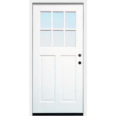 Cottage 36 in. x 80 in. White Left Hand Inswing Clear 6-Lite 2-Panel Painted Wood Prehung Entry Door Modern Cottage Front Door, Cottage Doors Front Entrance, Yellow House Exterior, Brick Mold, Cottage Front Doors, Front Door Styles, Craftsman Door, Wood Entry Doors, Brick Molding