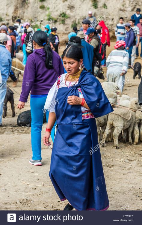 A native woman in traditional dress at livestock market. Otavalo, Ecuador. Stock Photo Ecuador Fashion, Culture Appreciation, Otavalo Ecuador, Native Woman, Latino Culture, Global Dress, Dress Attire, Fits Inspo, American Clothing