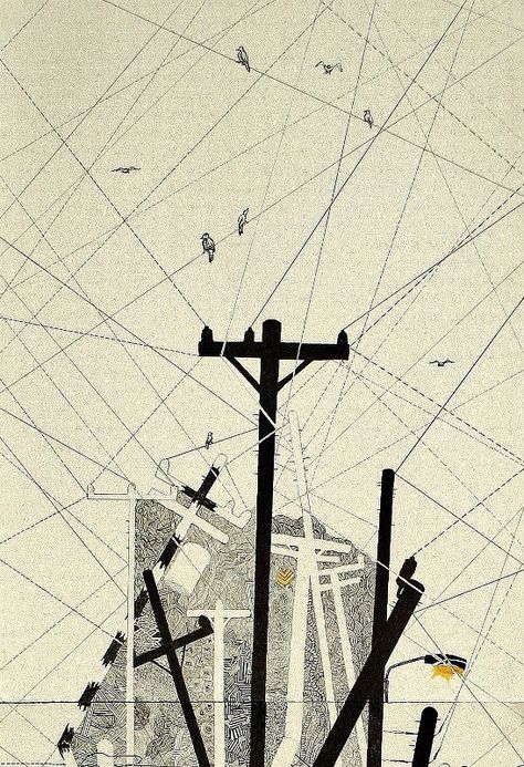 Electricity Illustration, Lines Illustration, Power Lines, A Level Art, Watercolour Paper, Urban Art, Art Sketchbook, Abstract Expressionism, Printmaking