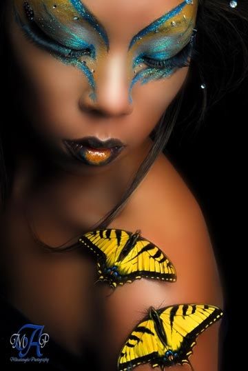 Wedding Gallery | VibrantBride.com Peacock Makeup, Fantasy Eyes, Butterfly Inspiration, Extreme Makeup, Butterfly Makeup, Yellow Butterflies, Pretty Butterfly, Color Composition, Dramatic Makeup