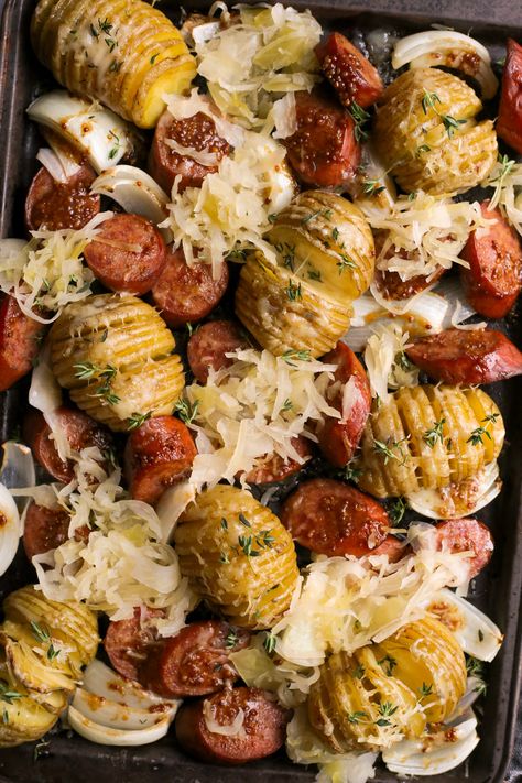 Sheet Pan Party Food, Kielbasa Sausage Dinner Ideas, Winter Sheet Pan Dinners, Casserole With Sauerkraut, Turkey Keilbasa Recipes Sheet Pan, Kielbasa Sheet Pan Dinners, Kielbasa Sheet Pan Meal, Kalbasa And Sourkraut, Kielbasa And Potatoes Sauerkraut