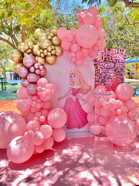 Sleeping Beauty Balloon Garland, Aurora Birthday Theme, Pink Princess Theme Birthday Party, Aurora Birthday Party Decorations, Sleeping Beauty Themed Birthday Party, Baby Girl Bday Theme, Princess Aurora Party Decorations, Princess Balloon Backdrop, Princess Theme Balloon Decoration