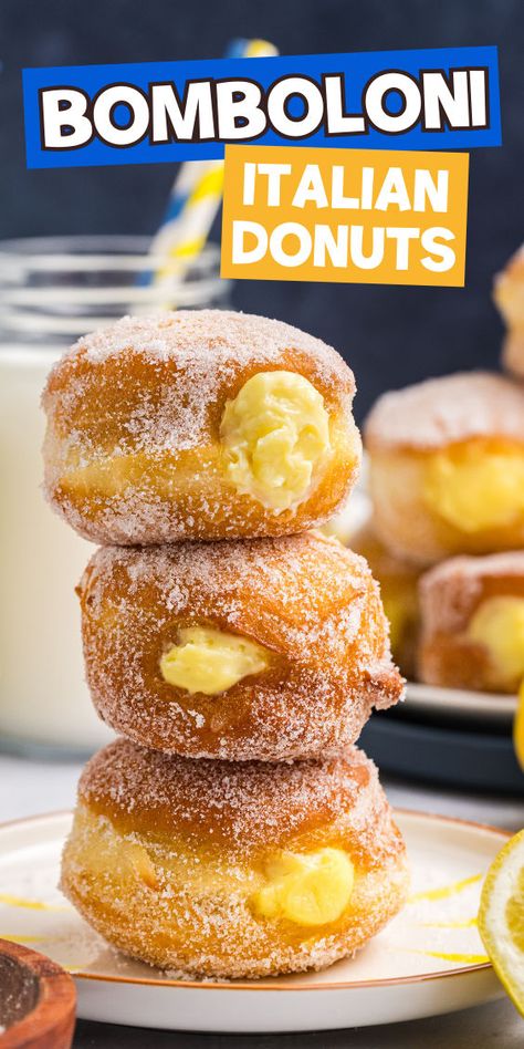 Authentic Italian recipe for bombolini Italian doughnuts Baked Filled Donuts Recipe, Simple Baked Goods, Bomboloni Recipe, Italian Pastry Cream, Heavenly Dessert Recipe, Italian Donuts, Donut Filling, Homemade Doughnuts, Baked Donut Recipes