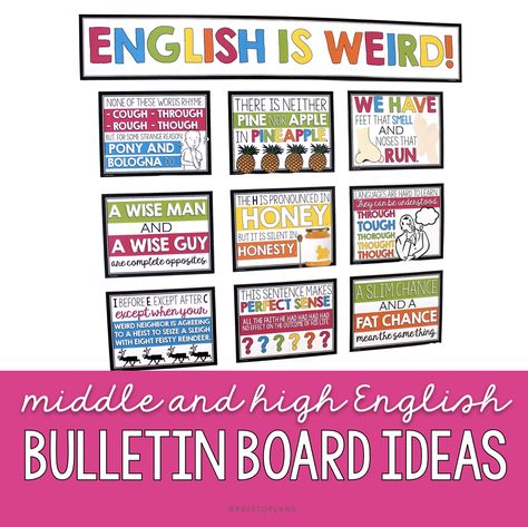 Bulletin Board Ideas For Middle & High School English - Presto Plans Middle School Ela Bulletin Boards Ideas, Grammar Bulletin Boards, Grammar High School, Language Arts Bulletin Boards, English Bulletin Boards, Cute Classroom Decorations, Language Classroom Decor, Ela Bulletin Boards, Hashtag Quotes