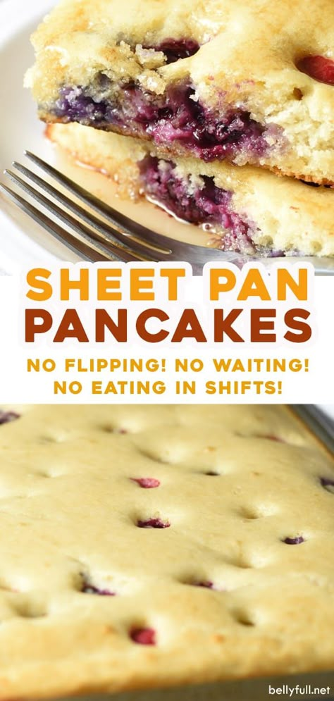 Breakfast just got a lot easier and faster with these easy Sheet Pan Pancakes! Same great flavor and texture, but no more waiting, flipping, and family members eating in shifts. Make them from scratch or with Bisquick mix. This recipe is the best thing since sliced bread. Sheetpan Pancakes From Scratch, Sheet Pancakes Bisquick, Bisquick Oven Pancakes, Pancakes In A Pan, Baking Sheet Pancakes, Breakfast With Bisquick, Pancake Bake Recipe, Bisquick Sheet Pan Pancakes, Pancake Mix Sheet Pan Pancakes