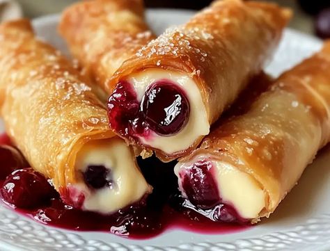 Air Fryer Cherry Cheesecake Egg Rolls Dessert Egg Rolls Recipe, Cheesecake Egg Rolls, No Egg Desserts, Homemade Donuts Recipe, Quick Treats, Egg Roll Recipes, Cream Cheese Eggs, Cherry Cheesecake, Homemade Donuts