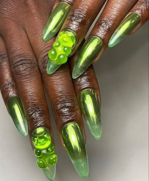 Chrome Neon Green Nails, Chrome Nails Green And Purple, Trippy Chrome Nails, Uñas Acrilicas, Unique Nails, Nail Colors, Acrylic Nails, Nails, Color