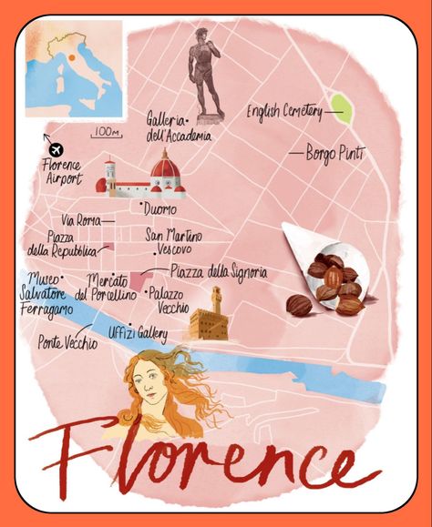 Florence Map Illustration, Firenze Map, Italy Travel Map, Map Of Florence Italy, Florence Italy Aesthetic, Florence Map, Italy Trip Planning, Italian Trip, Italy 2023