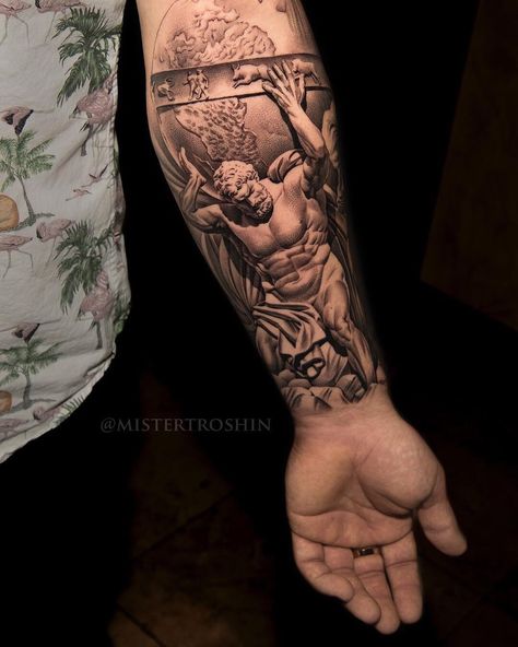 Atlas Tattoo Forearm, Greek Atlas Tattoo, Atlas Tattoo Design, Hercules Tattoo, Underarm Tattoo, Greek God Tattoo, Roman Tattoo, Atlas Tattoo, Lion Tattoo Sleeves