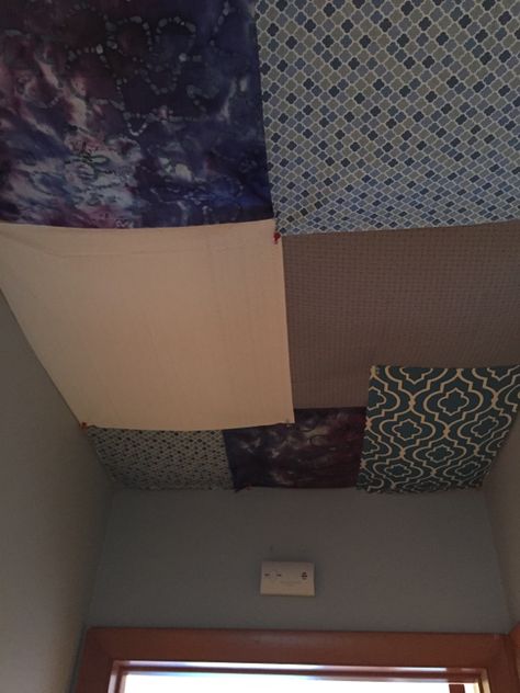 Fabric ceiling! Quick fix and cheap! Uses cotton fabric and liquid starch with no damage to your walls! Perfect for apartments or disasters that you need to cover up! Liquid Starch, Ceiling Covering, Laundry Room/mud Room, Fabric Ceiling, Basement Bedroom, Basement Ceiling, Diy Ceiling, Bathroom Ceiling, Basement Bedrooms