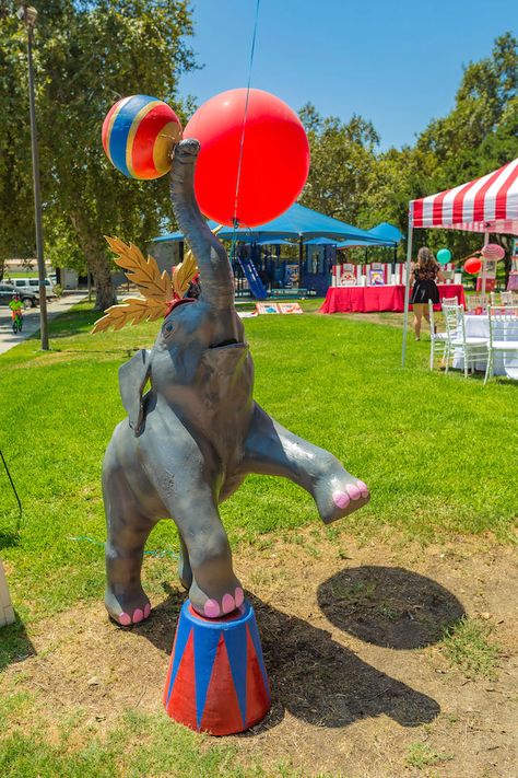 Circus elephant stand from a Circus Birthday Party on Kara's Party Ideas | KarasPartyIdeas.com (34) Big Top Decorations, Adult Circus Party, Old World Circus Theme, Cupcakes Animals, Big Top Circus Party, Circus Entrance, Circus Birthday Party Decorations, Inside Of A Circus Tent, Vintage Circus Birthday Party