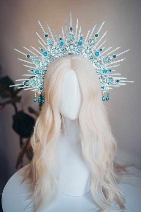 Ice Crown Aesthetic, Ice Queen Crown, Water Crown, Ice Crown, Neon Unicorn, Halloween Hair Accessories, Fantasy Crown, Halo Headpiece, Boho Crown