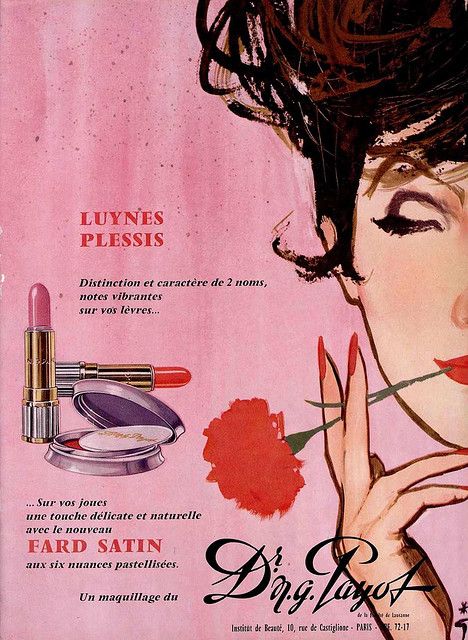 1960s French Payot Ad Vintage Makeup Ads, Rene Gruau, Makeup Ads, Retro Makeup, Retro Beauty, Beauty Ad, Vintage Cosmetics, Vintage Makeup, Vintage Magazines