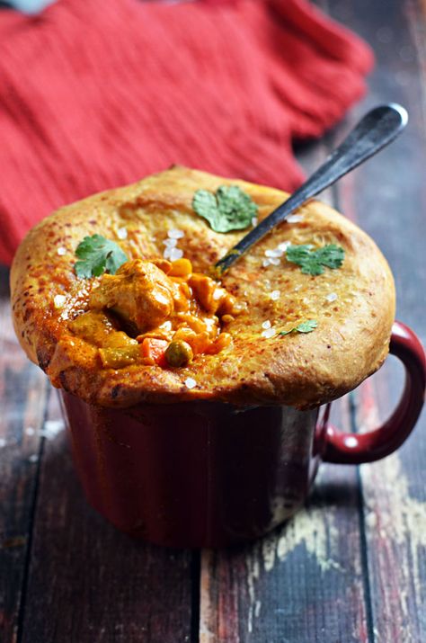 Butter Chicken Pot Pie with Naan Crust.  An Indian spin on an All-American classic!  | hostthetoast.com Indian Chicken, Mug Recipes, Tater Tots, Fettuccine Alfredo, Juicy Chicken, Chicken Pot, Chicken Pot Pie, Butter Chicken, Creamy Sauce