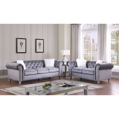 Eight Seater Sofa Set, Purple Couch Set, Elegant Living Room Table Set 3+1+1, Dark Grey 2 Piece Sofa Set, Grey Chesterfield Sofa, Chesterfield Sofa Living Room, Chesterfield Living Room, Loveseat Covers, Velvet Living Room