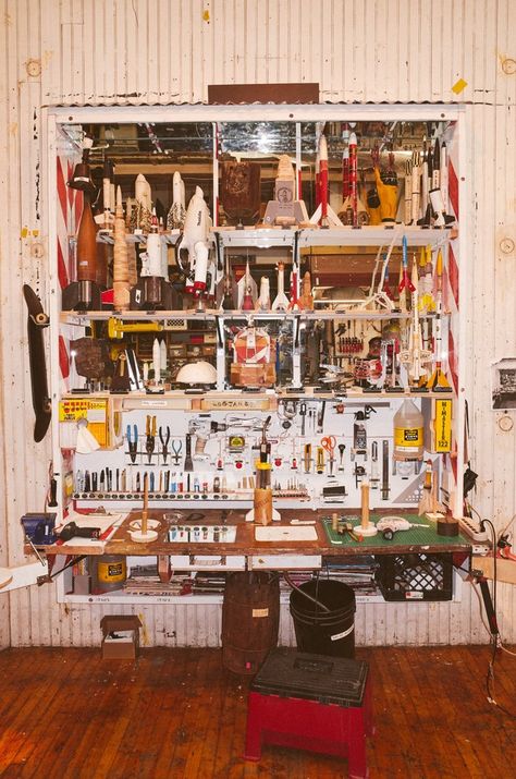 tom sachs on his obsession with making stuff - i-D Maximalism Room, Concrete Cabin, Garage Photos, Tom Sachs, Basement Organization, His Obsession, Individual Space, Rock Photography, Artist Studios