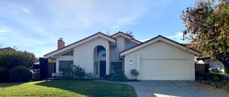 White Stucco House Update in California - brick&batten White Stucco House, Cedar Gate, Stucco House, Exterior Color Palette, Story Pictures, Chimney Cap, Stucco Homes, Horizontal Fence, Artificial Lawn