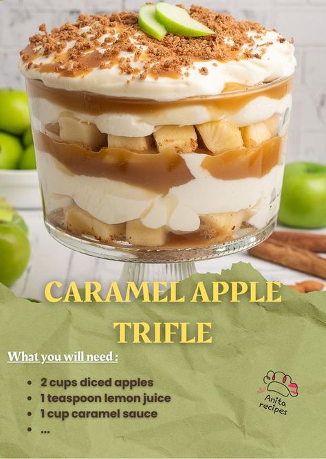 Anita Recipes | Caramel Apple Trifle | Facebook Caramel Apple Trifle Recipe, Banana Trifle, Caramel Apple Trifle, Apple Trifle, Trifle Bowl, Easy Autumn Recipes, Trifle Desserts, Diced Apples, Trifle Recipe