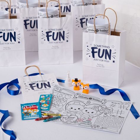 Who says grown-ups get to have all the fun? Perfect for keeping little ones entertained during your wedding ceremony or reception, this wedding favor kit is sure to be a hit with the kids who are helping you celebrate your big day. Featuring personalized bags ready to be filled with fun activities and toys, this kit is the perfect way to say thank you to your youngest guests! (84 pcs. per unit)Includes:o 24 Plastic Bride & Groom Foxes (Includes 6 of each style. 1 1/2" x 1 3/4")o 12 Paper Personalized Medium Wedding Favor Gift Bags (6 1/2" x 3 1/4" x 9" with 4 1/2" handles. Personalize with 2 lines of text. Simple assembly required to apply personalized sticker.)o 12 Paper Wedding Kids' Table Activity Placemats (13 1/2" x 9 1/2")o 24 Wedding Cake Bubble Bottles (Includes .5-oz. plastic bott Wedding Busy Bags For Kids, Busy Bags For Kids At Wedding, Wedding Favors For Kids, Kids Entertainment Wedding, Kids Wedding Favors, Medium Wedding, Wedding Goodie Bags, Kids Gift Bags, Kids Table Wedding