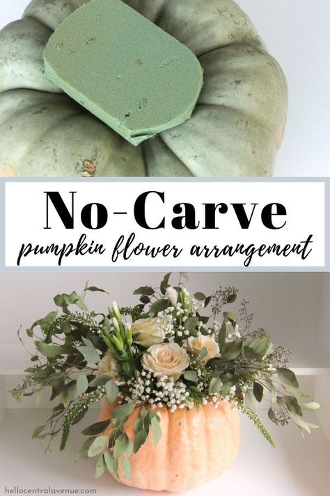 Easy Pumpkin Flower Arrangements-Including No-Carve - Hello Central Avenue | Pumpkin flower, Pumpkin floral arrangements, Pumpkin arrangements How To Make A Pumpkin Floral Arrangement, Pumpkin And Floral Centerpieces, Pumpkin Hydrangea Centerpiece, Fall Flower Arrangements In Pumpkins, Floral Pumpkin Arrangements, Floral Arrangements Fake Flowers, How To Make Pumpkin Flower Centerpiece, Foam Pumpkin Flower Arrangement, Diy Floral Pumpkin